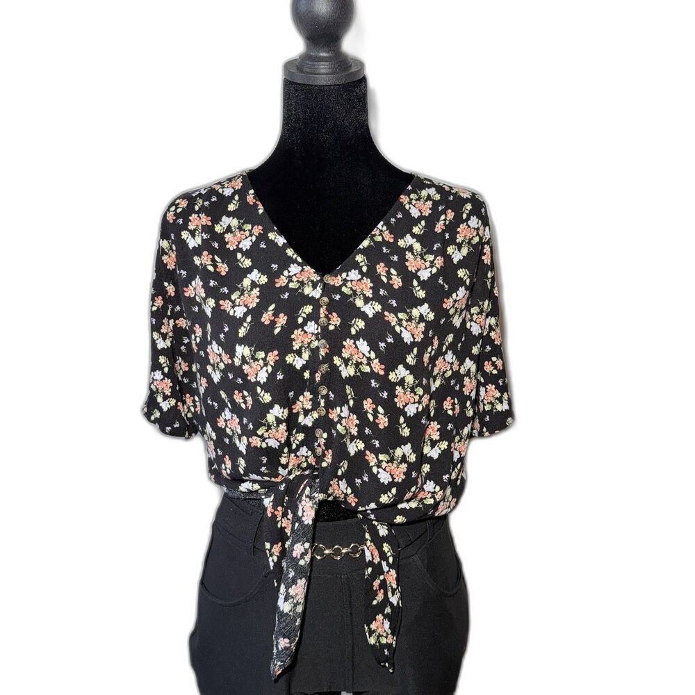 Ultra Flirt Black Floral Blouse Front Tie V-neck Button Down Short Sleeve  XS